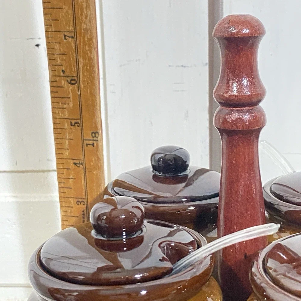 Vintage Stoneware Condiment Set w/4 Covered Labeled Jars & Spoons on Lazy Susan